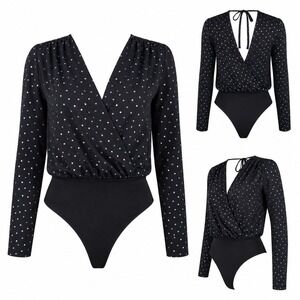BCBGeneration Women's Black Metallic Polka Dot Long Sleeve Bodysuit Size S
